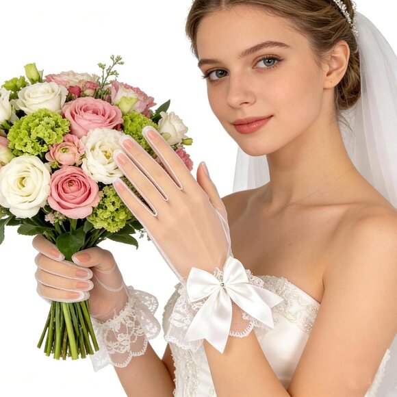 Women's White Lace Short Wedding Ruffled Tulle Mitten Imported Polyester Gloves - Picture 3 of 7